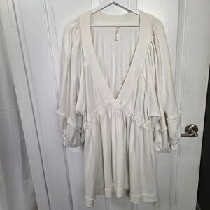 Free People Cream V-Neck Dress with Balloon Sleeves